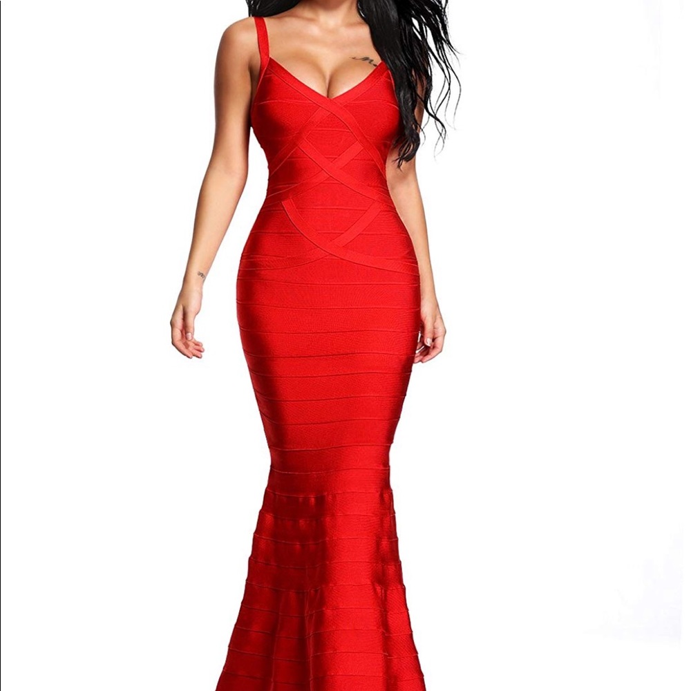 Long red bandage dress